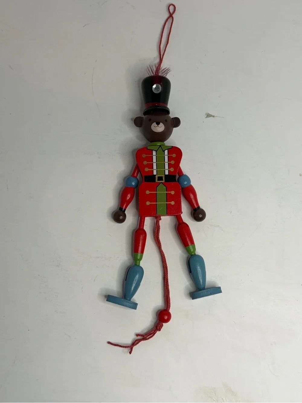 Wooden Bear Soldier Pull String Jumping Jack Christmas Ornament Jointed Vintage